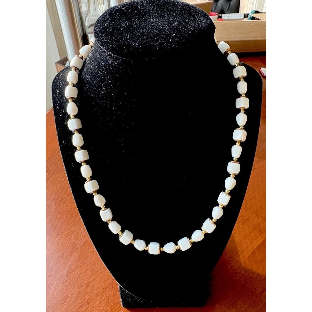 Vintage 1960s White Lucite Bead Necklace Gold Tone Spacers MCM Mod Costume 19